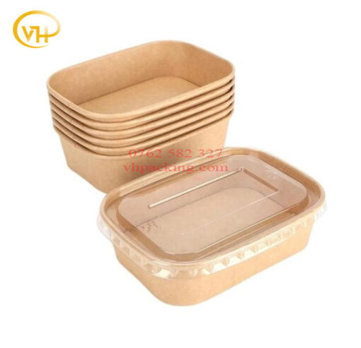 Tô giấy kraft chữ nhật nâu 750ml kèm nắp PP đựng thức ăn - Sản Phẩm Nhựa Dùng 1 Lần VH Pack - Công Ty TNHH VH Pack