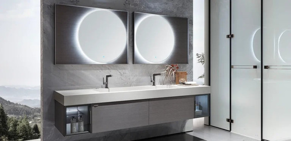 Tủ Lavabo treo tường cao cấp hiện đại phủ Veneer gỗ