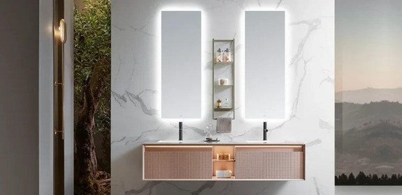 Tủ Lavabo đôi treo tường cao cấp hiện đại màu hồng