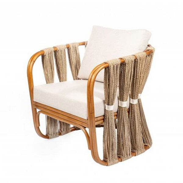 Ghế bành mây có tay đan dây thừng và đệm - FurniCrafts - Nhà Sản Xuất Nội Thất Mây