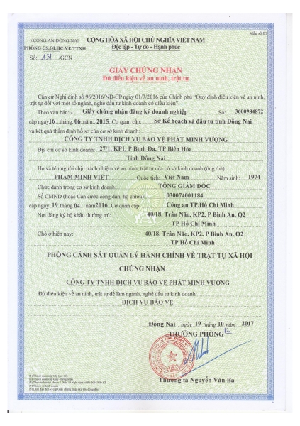 Chứng nhận - Công Ty TNHH Dịch Vụ Bảo Vệ Phát Minh Vượng