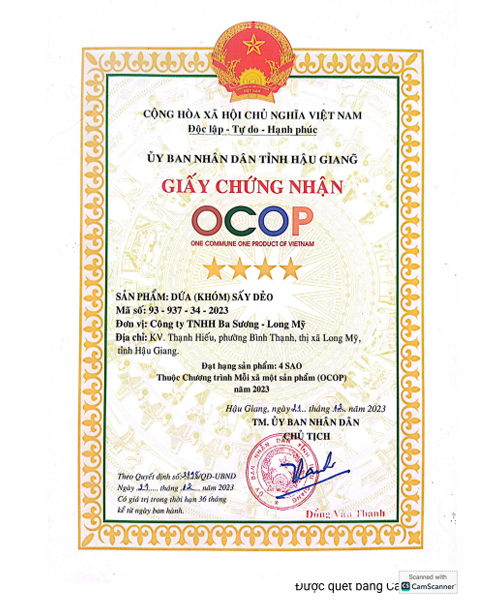 Giấy chứng nhận - Trái Cây Sấy Ba Sương - Long Mỹ - Công Ty Trách Nhiệm Hữu Hạn Ba Sương - Long Mỹ