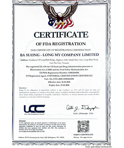 Giấy chứng nhận - Trái Cây Sấy Ba Sương - Long Mỹ - Công Ty Trách Nhiệm Hữu Hạn Ba Sương - Long Mỹ