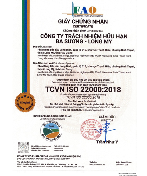 Giấy chứng nhận ISO 22000-2018 - Trái Cây Sấy Ba Sương - Long Mỹ - Công Ty Trách Nhiệm Hữu Hạn Ba Sương - Long Mỹ