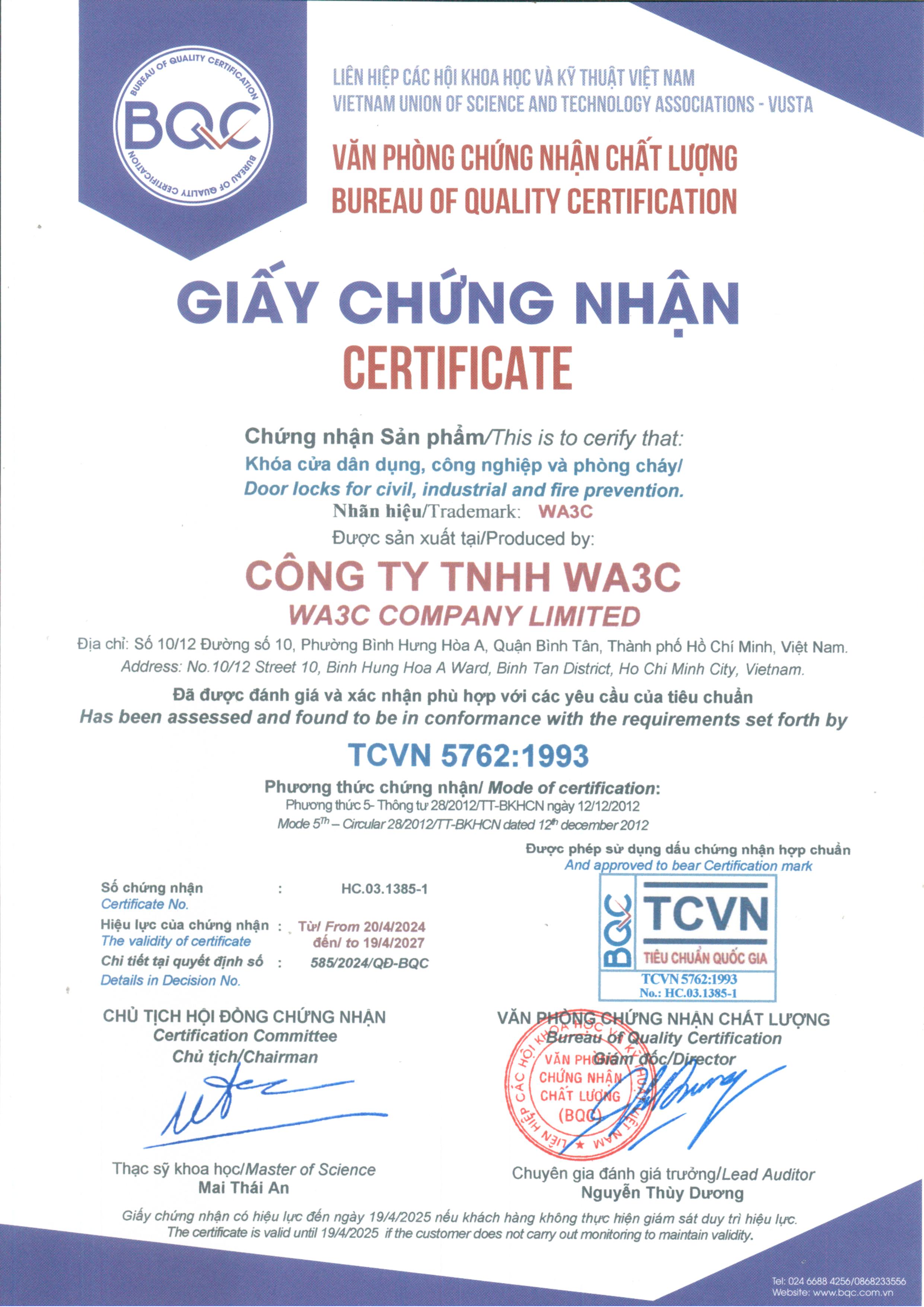 Chứng nhận chất lượng - Cửa Chống Cháy WA3C - Công Ty TNHH WA3C