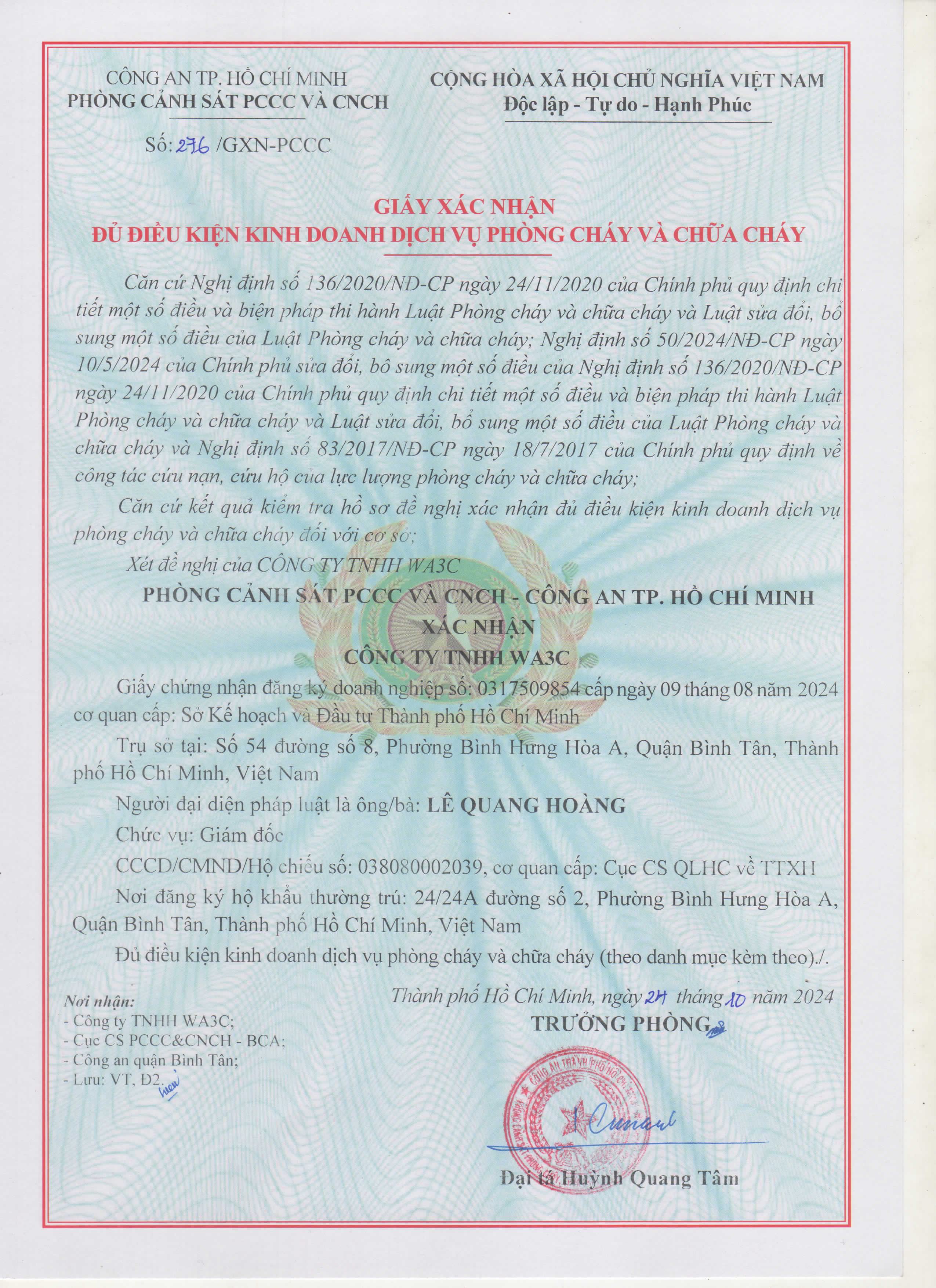 Giấy chứng nhận kiểm định pccc - Cửa Chống Cháy WA3C - Công Ty TNHH WA3C