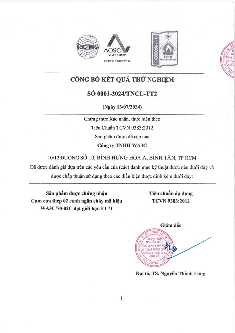 Giấy chứng nhận kiểm định pccc - Cửa Chống Cháy WA3C - Công Ty TNHH WA3C