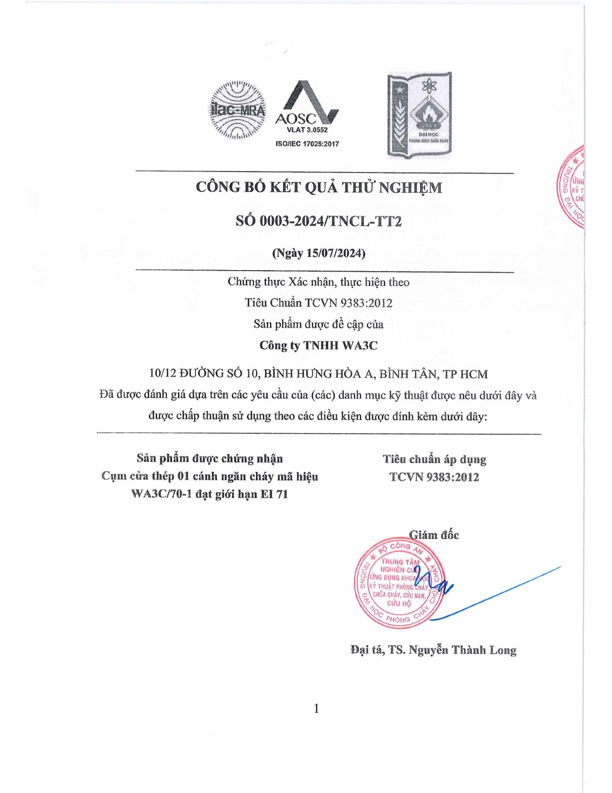 Giấy chứng nhận kiểm định pccc - Cửa Chống Cháy WA3C - Công Ty TNHH WA3C