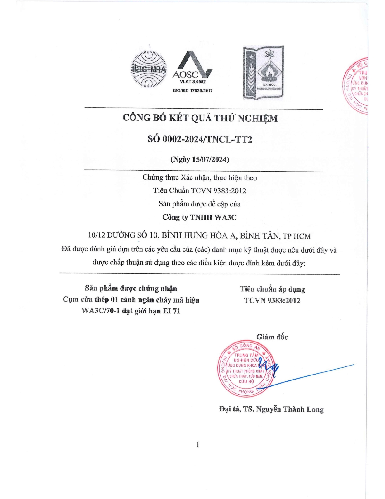 Giấy chứng nhận kiểm định pccc - Cửa Chống Cháy WA3C - Công Ty TNHH WA3C