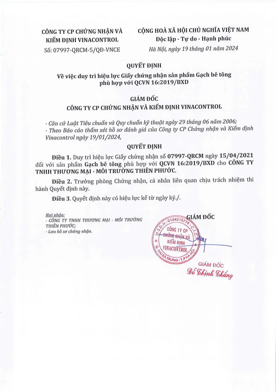 Chứng nhận QCVN 16:2019/BXD - Xử Lý Chất Thải Sông Công - Công Ty TNHH Thương Mại - Dịch Vụ Sông Công