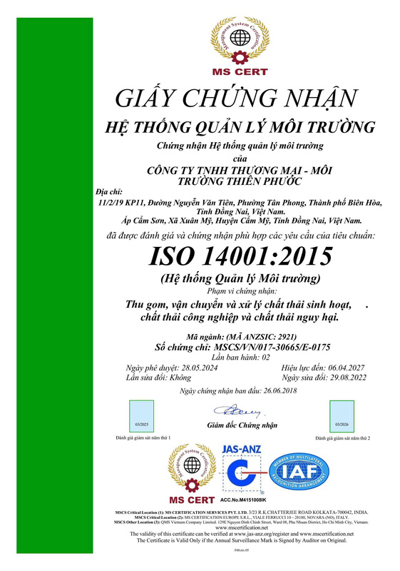 Chứng nhận ISO 14001:2015 - Xử Lý Chất Thải Sông Công - Công Ty TNHH Thương Mại - Dịch Vụ Sông Công