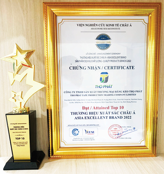 Chứng Nhận Thương Hiệu Top 10 Xuất Sắc Châu Á - Màng PE Thọ Phát - Công Ty TNHH Sản Xuất Thương Mại Băng Keo Thọ Phát