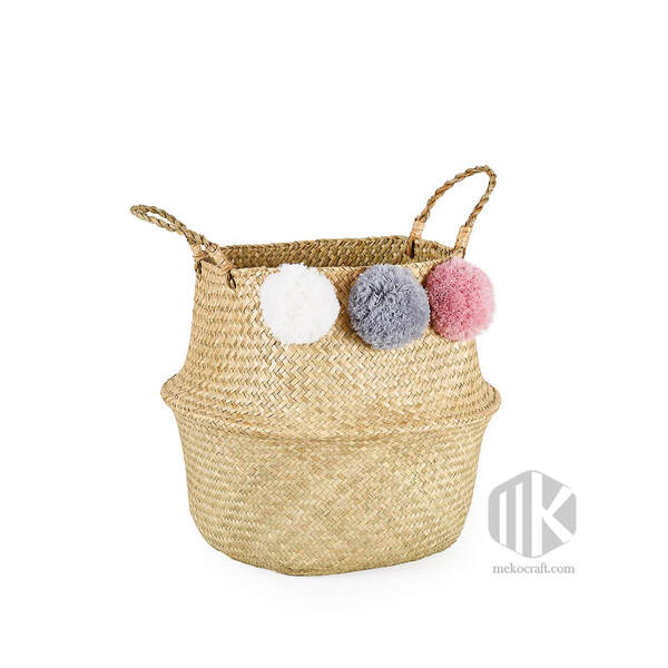 Giỏ lá cọ gấp gọn đính quả bông