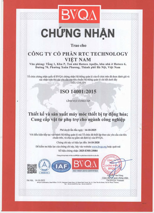 Chứng nhận ISO 14001:2015 - Tự Động Hóa RTC Technology  - Công Ty Cổ Phần RTC Technology Việt Nam