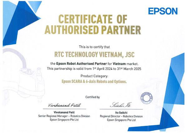 Chứng nhận nhà phân phối được ủy quyền từ EPSON - Tự Động Hóa RTC Technology  - Công Ty Cổ Phần RTC Technology Việt Nam