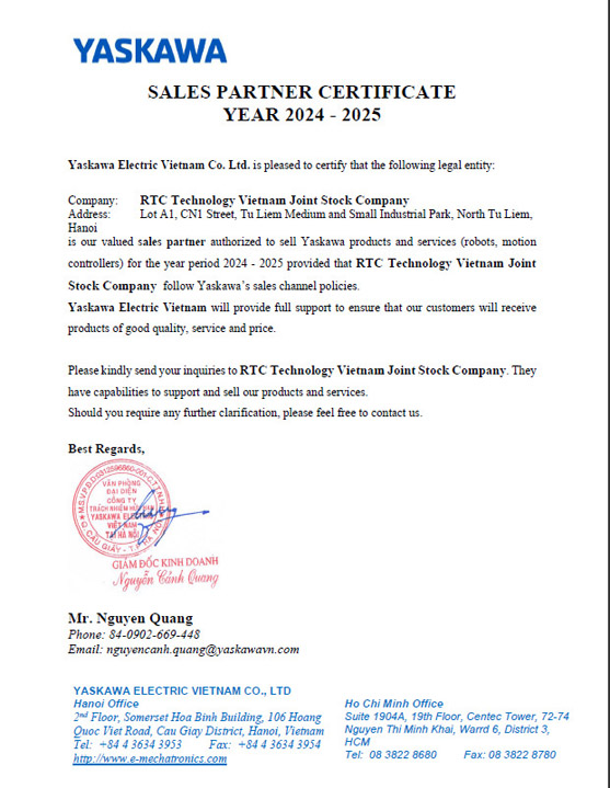 Chứng nhận nhà phân phối được ủy quyền từ YASKAWA - Tự Động Hóa RTC Technology  - Công Ty Cổ Phần RTC Technology Việt Nam