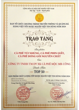 Giấy chứng nhận - Cà Phê Mộc Mr Công - Công Ty TNHH TM DV XK Cà Phê Mộc Mr Công