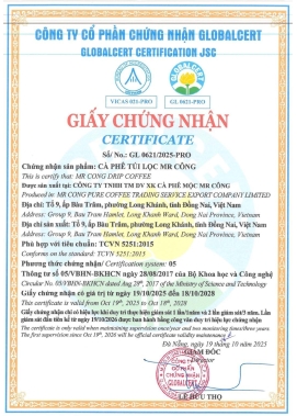 Giấy chứng nhận cà phê túi lọc - Cà Phê Mộc Mr Công - Công Ty TNHH TM DV XK Cà Phê Mộc Mr Công
