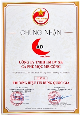 Chứng nhận TOP 10 doanh nghiệp tin dùng Việt Nam - Cà Phê Mộc Mr Công - Công Ty TNHH TM DV XK Cà Phê Mộc Mr Công