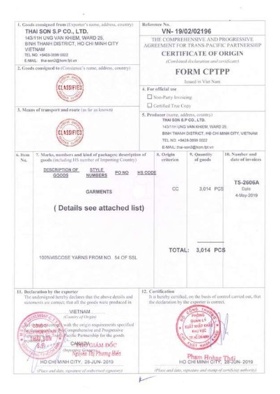 CO CPTPP - Vải Dệt Kim Thái Sơn S.P - Công Ty TNHH Thái Sơn S.P