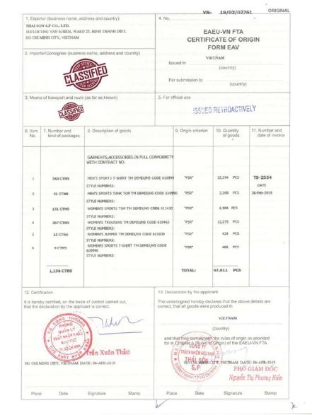 CO Form EAV - Vải Dệt Kim Thái Sơn S.P - Công Ty TNHH Thái Sơn S.P