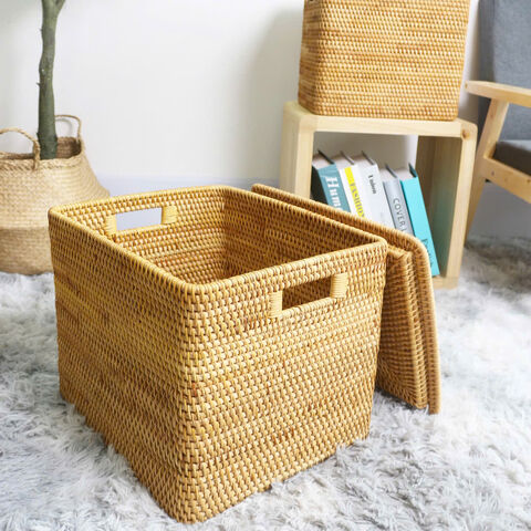 Giỏ mây đan chữ nhật đựng đồ đa năng có nắp