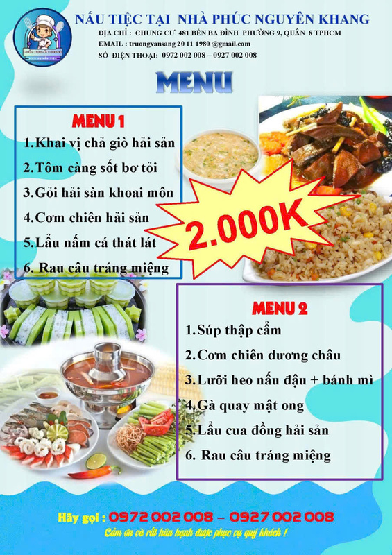 Menu - Dịch Vụ Nấu Tiệc Phúc Nguyên Khang - Công Ty TNHH Tư Vấn Thiết Kế Xây Dựng Trang Trí Nội Thất Nhà Mới