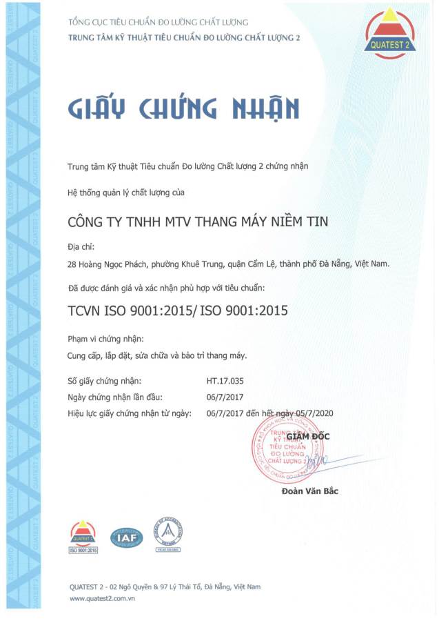 Chứng nhận - Công Ty TNHH MTV Thang Máy Niềm Tin