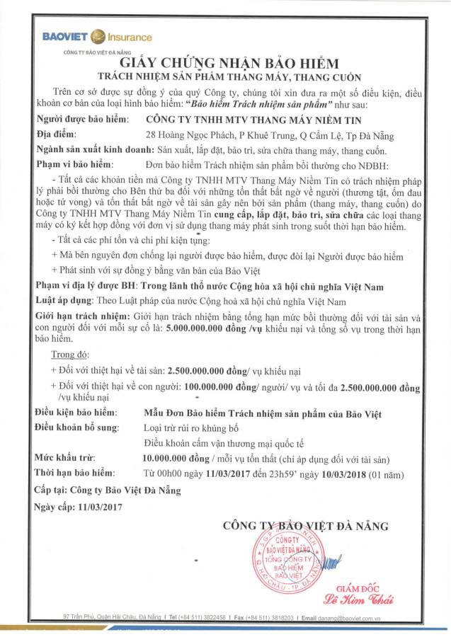 Chứng nhận - Công Ty TNHH MTV Thang Máy Niềm Tin