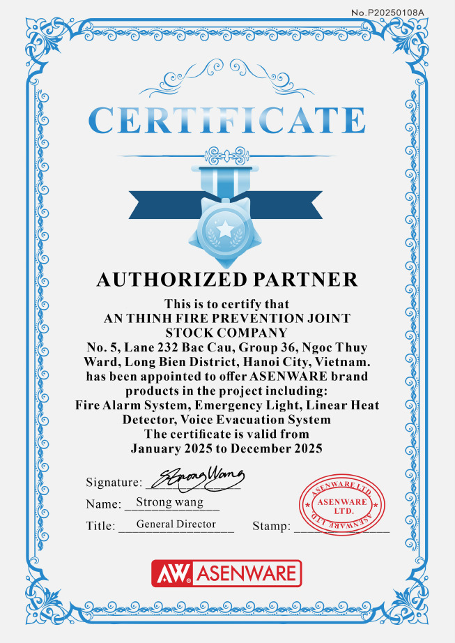 Chứng nhận đại lý hãng Asenware - Hệ Thống Báo Cháy – Chữa Cháy Khí  – Công Ty Cổ Phần Phòng Cháy An Thịnh