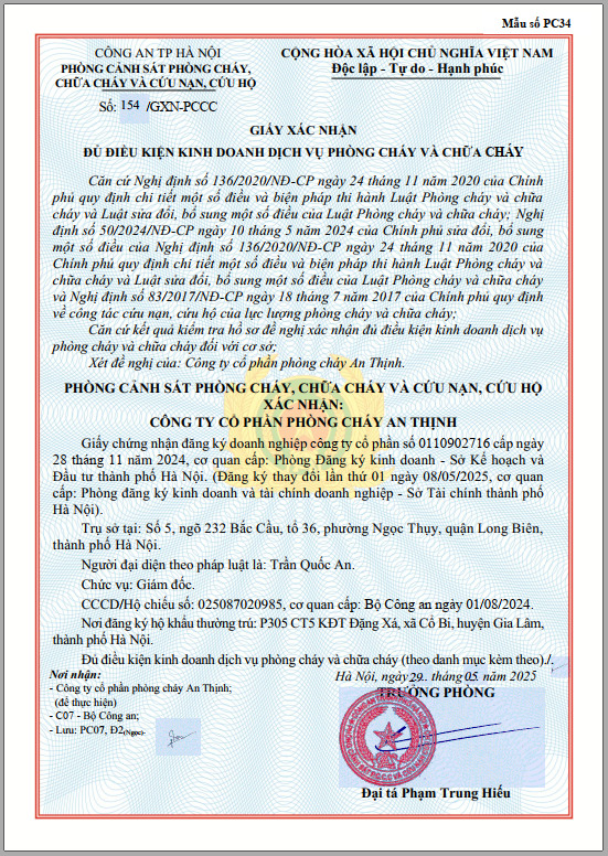 Chứng nhận đủ điều kiện kinh doanh - Hệ Thống Báo Cháy – Chữa Cháy Khí  – Công Ty Cổ Phần Phòng Cháy An Thịnh
