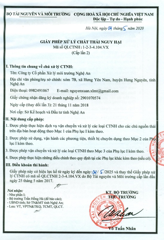 Giấy phép xử lý CTNH - Xử Lý Chất Thải Hà Tĩnh - Công Ty CP Xử Lý Môi Trường Nghệ An