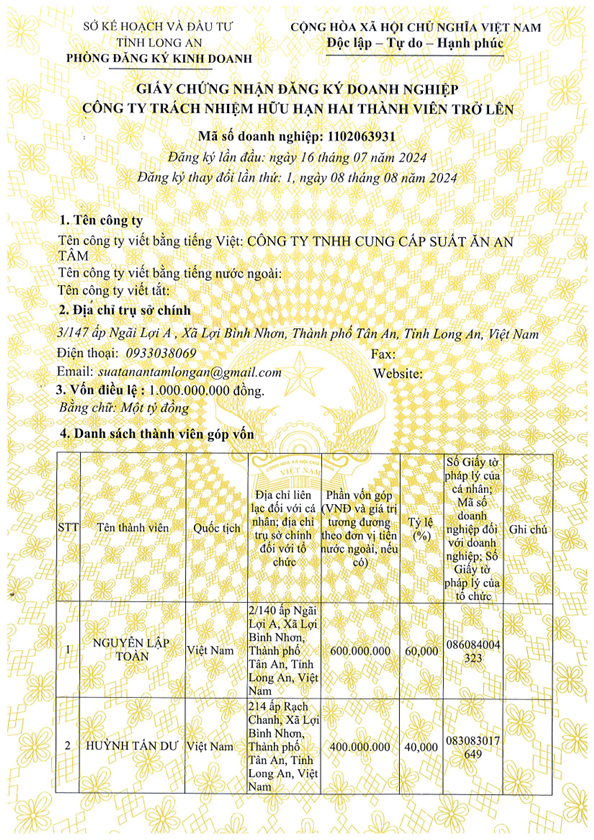 Chứng nhận đăng ký kinh doanh - An Tâm Foods - Công Ty TNHH Cung Cấp Suất Ăn An Tâm