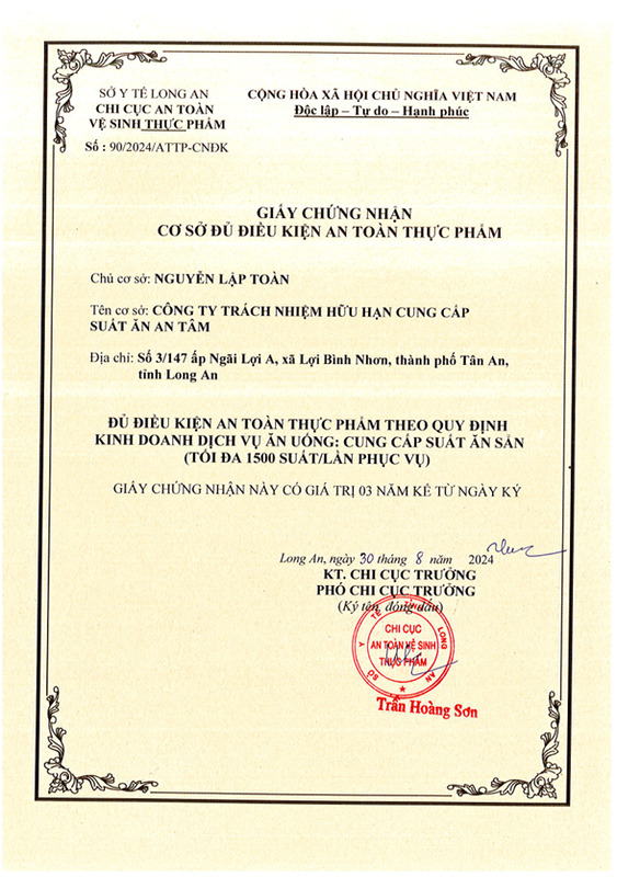 Chứng nhận an toàn vệ sinh thực phẩm - An Tâm Foods - Công Ty TNHH Cung Cấp Suất Ăn An Tâm