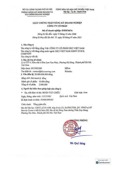 Chứng nhận đăng ký doanh nghiệp - Suất Ăn Công Nghiệp Dici Catering - Công Ty Cổ Phần Dici Việt Nam
