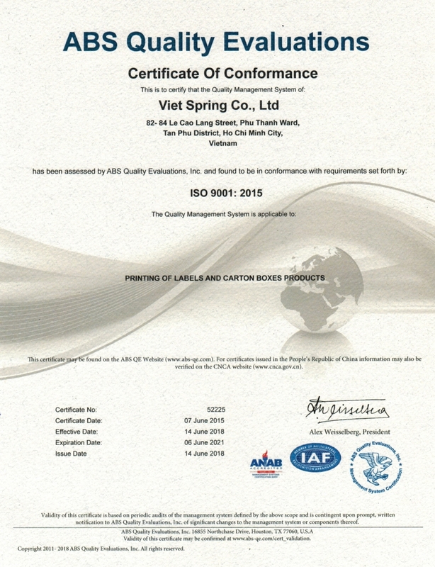 Chứng nhận ISO 9001:2015 - In Tem Nhãn Việt Spring - Công Ty TNHH Sản Xuất Thương Mại Dịch Vụ Việt Spring