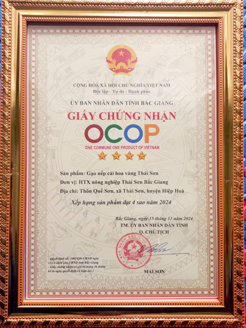 Chứng nhận OCOP - Hợp Tác Xã Nông Nghiệp Thái Sơn Bắc Giang