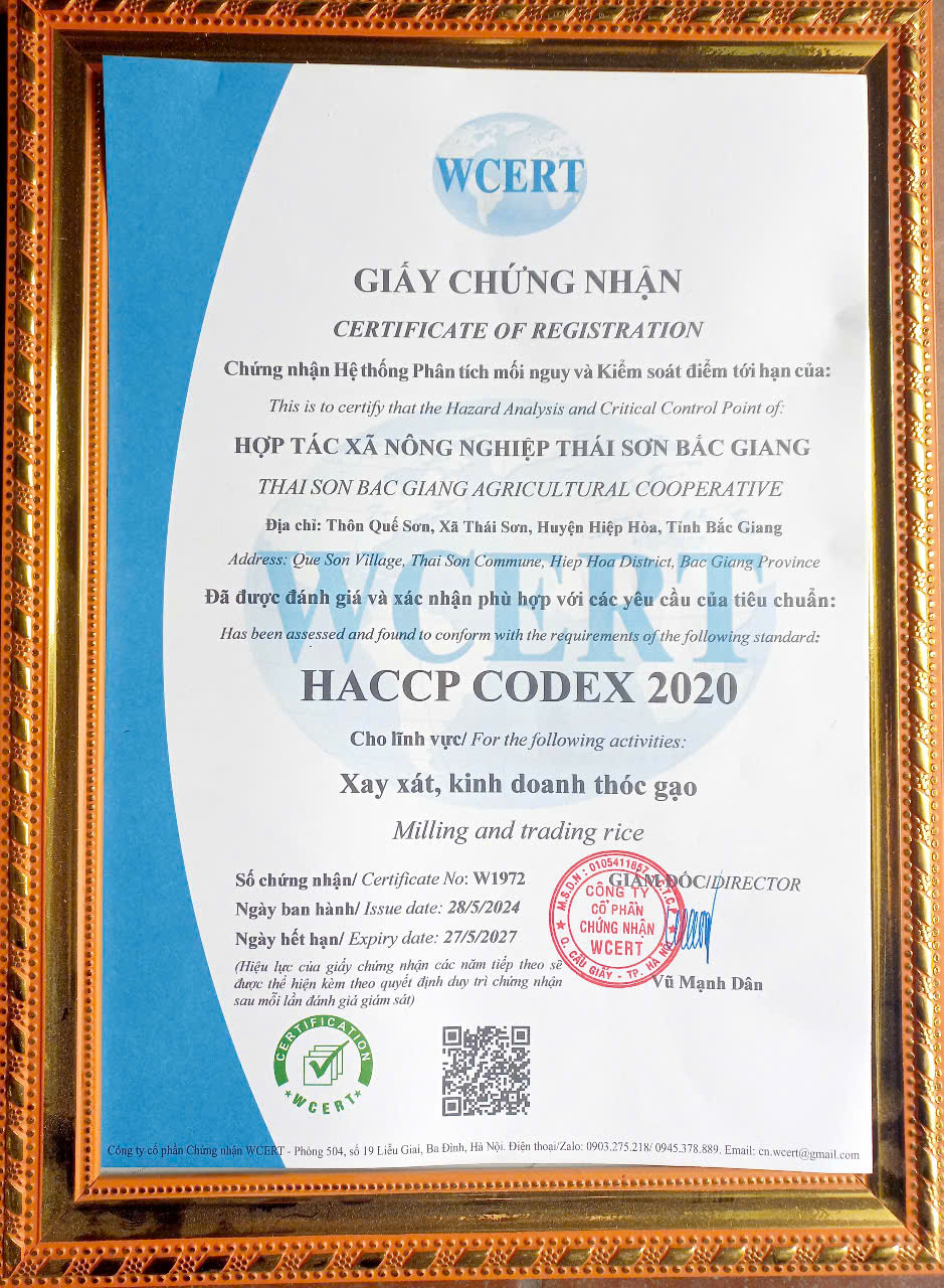 Chứng nhận HACCP - Hợp Tác Xã Nông Nghiệp Thái Sơn Bắc Giang