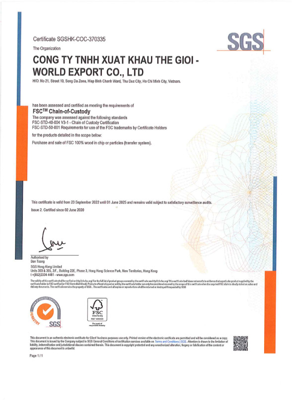 Chứng nhận - Bột Gỗ World Export - Công Ty TNHH Xuất Khẩu Thế Giới