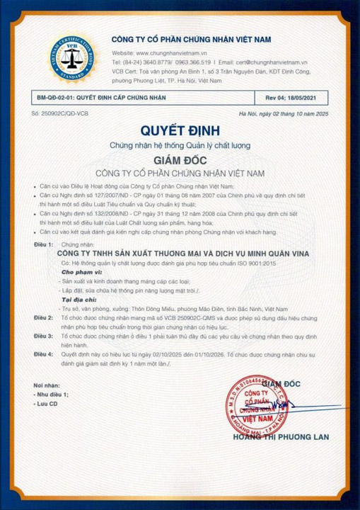 Quyết định chứng nhận hệ thống quản lý chất lượng