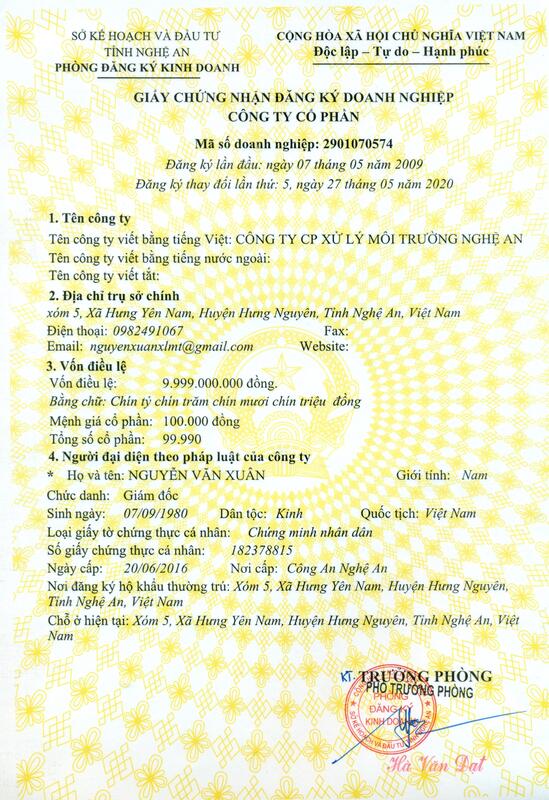 Chứng nhận đăng ký kinh doanh - Công Ty CP Xử Lý Môi Trường Nghệ An