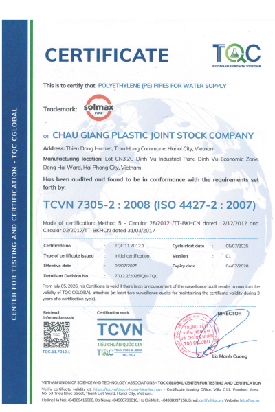 TCVN 7305-2:2008 - ống Nhựa Solmax - Công Ty Cổ Phần Châu Giang Plastic