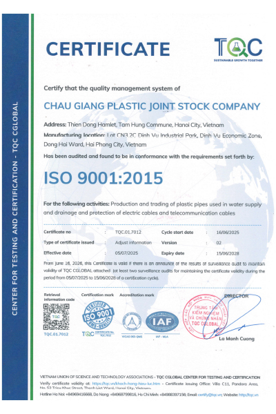 ISO 9001-2015 - ống Nhựa Solmax - Công Ty Cổ Phần Châu Giang Plastic