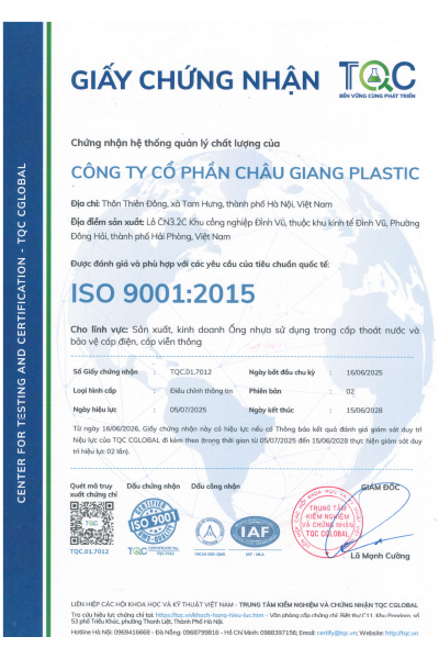 ISO 9001-2015 - ống Nhựa Solmax - Công Ty Cổ Phần Châu Giang Plastic