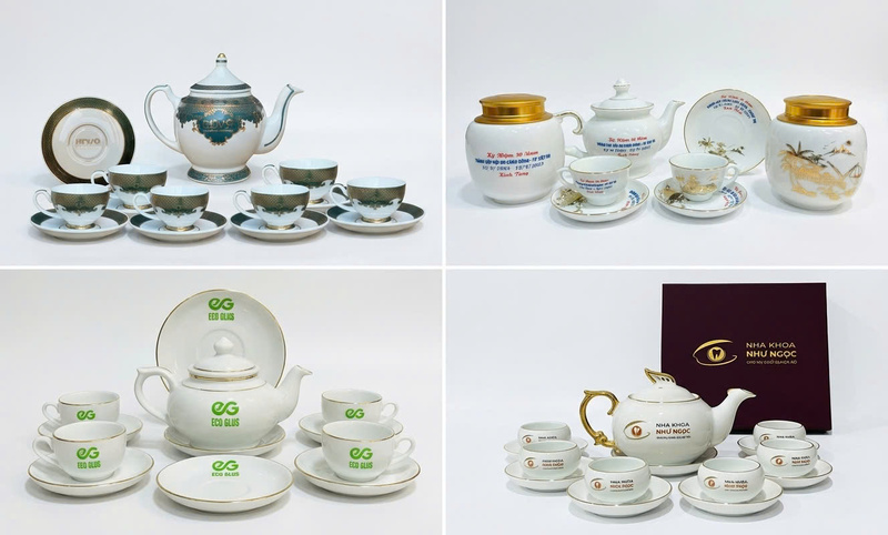 Bộ ấm chén gốm sứ viền vàng in logo