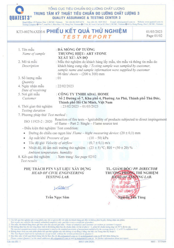 Art Stone - Test chống cháy