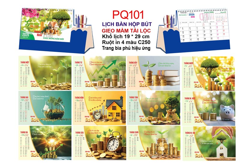 Lịch để bàn hộp bút