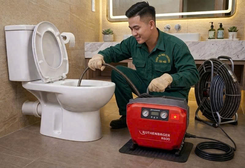 Thông tắc bồn cầu bằng máy lo xo