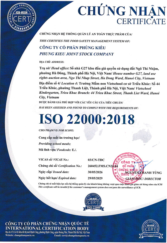 Chứng nhận ISO mầm non Vietschool