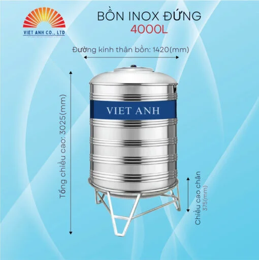 Bồn nước inox 4000L Việt Anh đứng